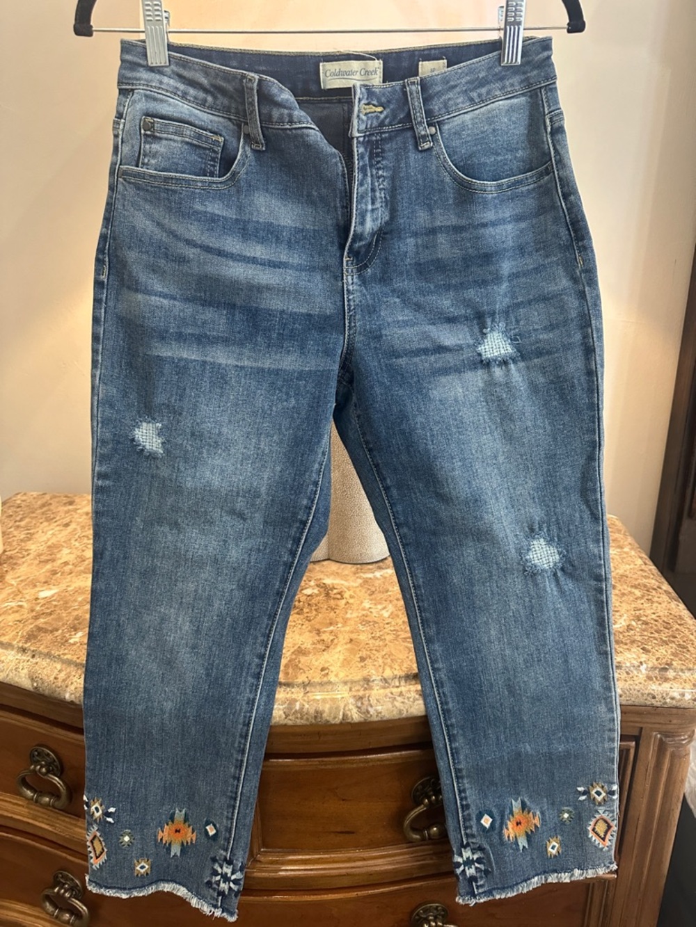 Coldwater Creek Women's Distressed Cropped Embroidered Hem Jeans - Blue